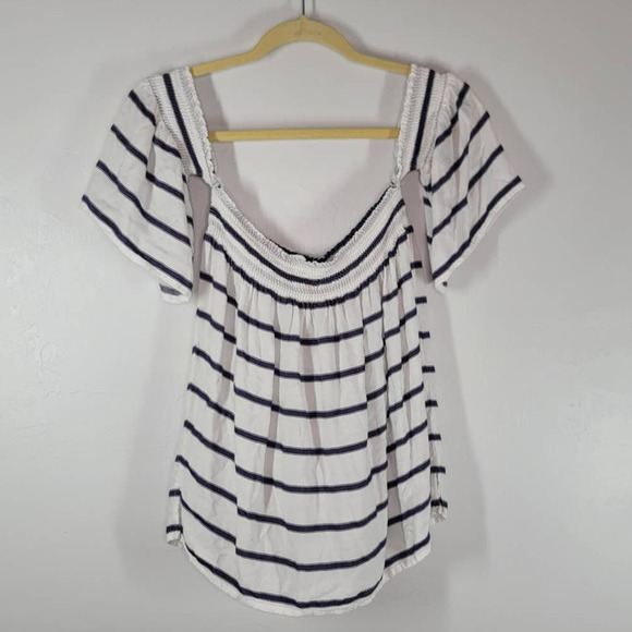 Rails Isabelle Off-the-shoulder Top S Smocked Neck Blouse White Royal Stripe - Picture 4 of 8